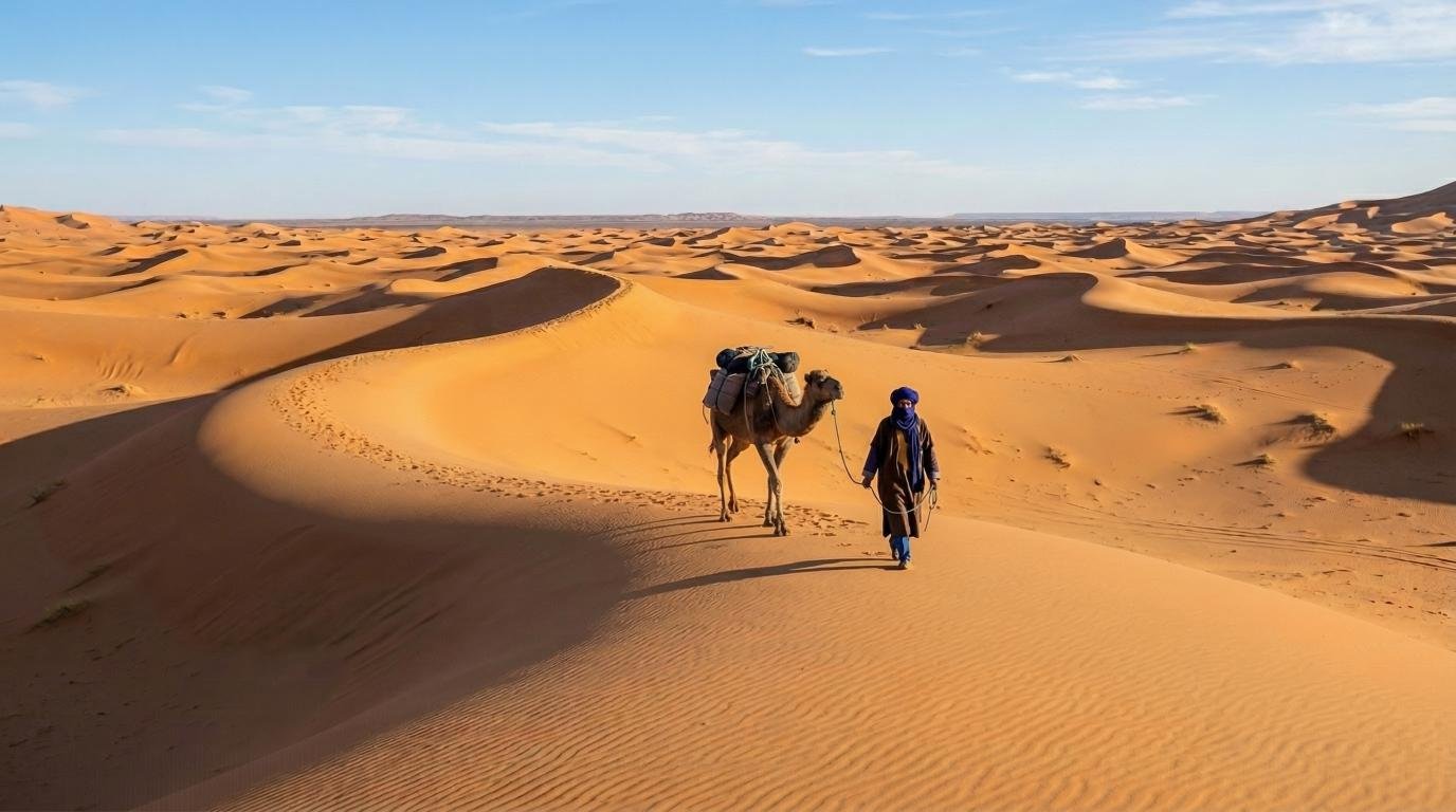 Camel caravan trekking through the Erg Ezzahar dunes on a 4-day desert hiking tour from M'Hamid, Morocco